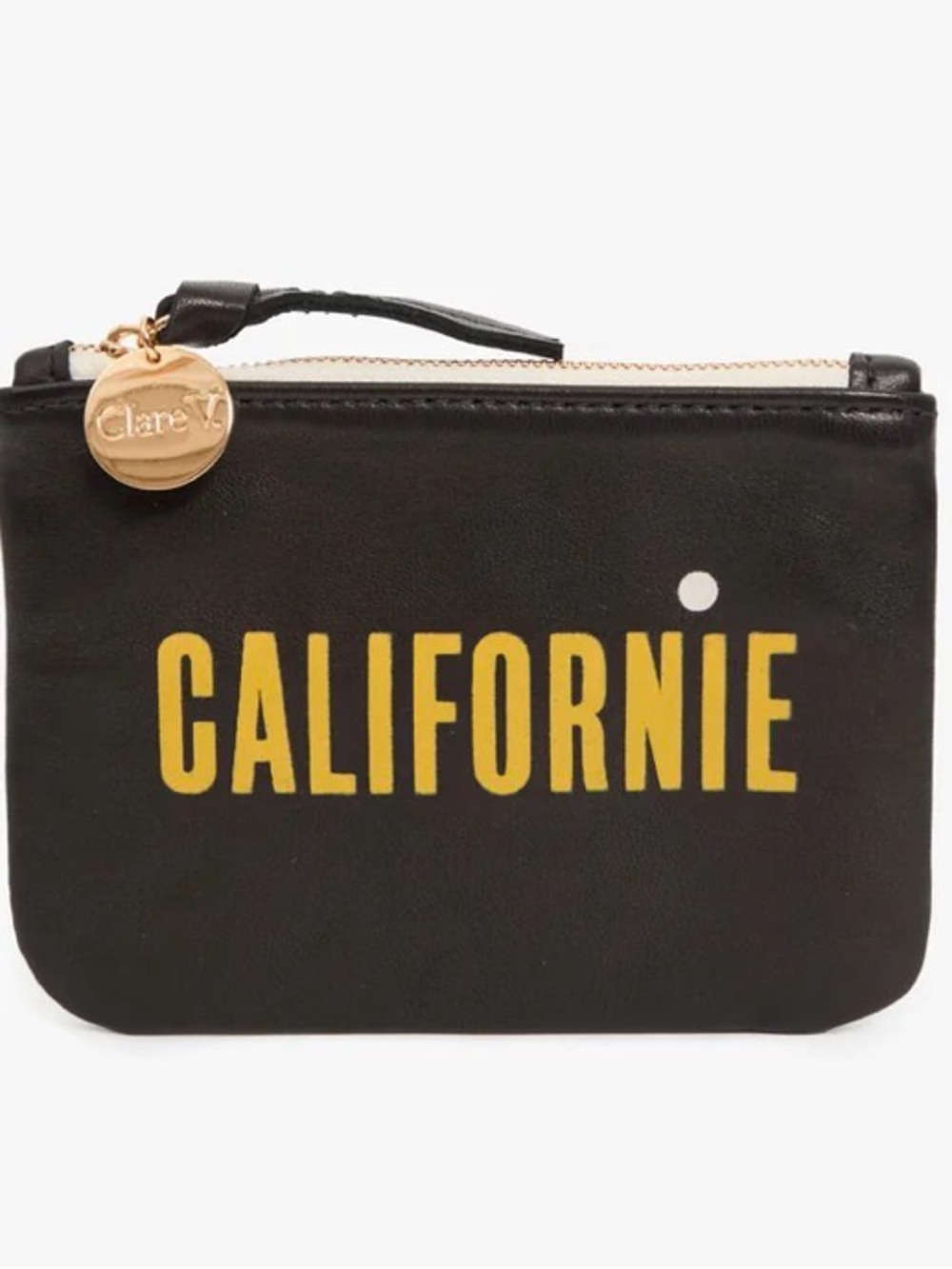 Clare V. Coin Clutch Black Leather Zip Pouch with Yellow CALIFORNIE Print